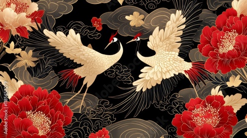 Fototapeta Naklejka Na Ścianę i Meble -  Elegant cranes in blooming peonies asian inspired artwork floral design vibrant colors artistic composition cultural symbolism