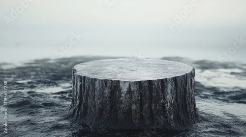 Wooden tree stump surrounded by misty landscape showcasing natural textures and serene atmosphere in a tranquil outdoor setting.