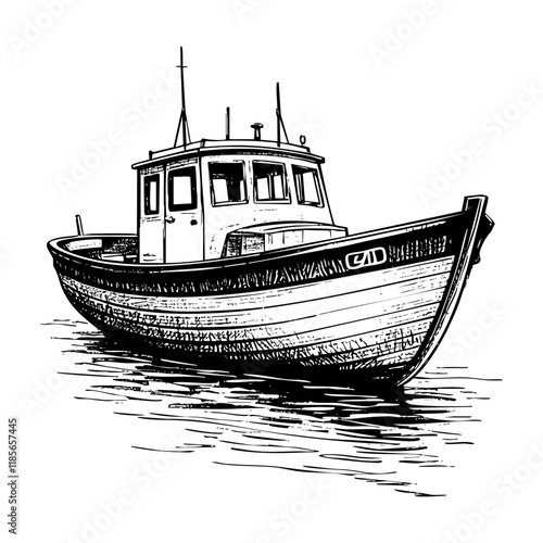 fishing boat sketch engraving black and white outline. Scratch board imitation.
