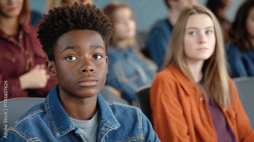 Diverse group of Gen Z students in a classroom setting, with a young Black male student engaged in asking a question to a senior female teacher, educational atmosphere, clear copy space for text, lear Diverse group of Gen Z students in a classroom setting, with a young Black male student engaged in asking a question to a senior female teacher, educational atmosphere, clear copy space for text, lear