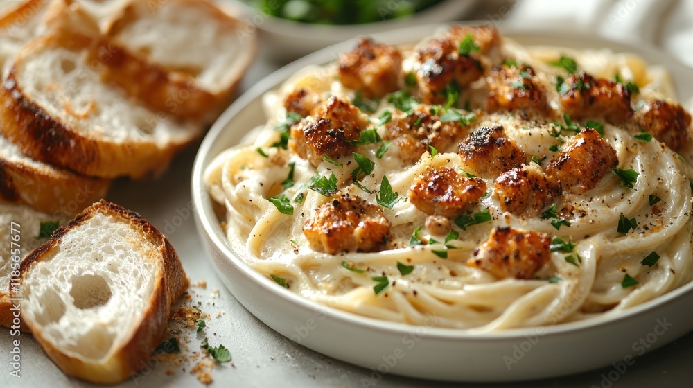 Creamy Pasta with Toasted Bread Slices: A Delicious and Appetizing Dish Creamy Pasta with Toasted Bread Slices: A Delicious and Appetizing Dish