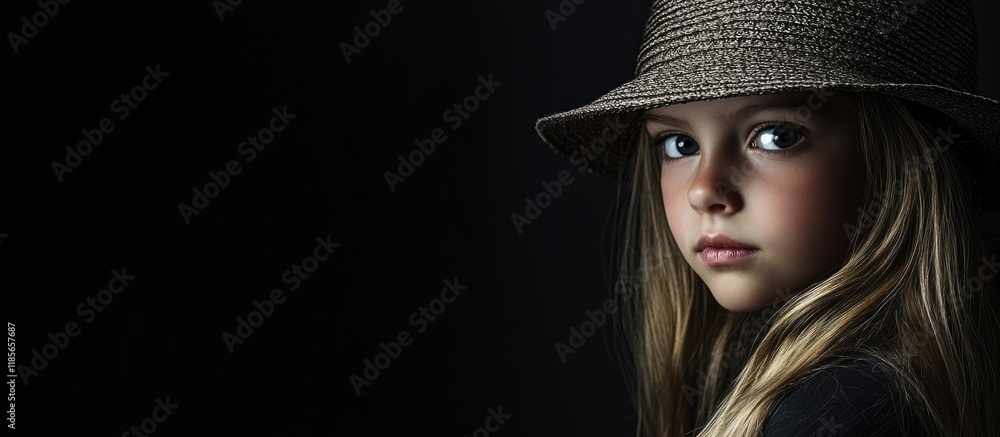 Young girl with long hair wearing a stylish hat, positioned against a dark background, features ample empty space for text, portrait, depth of field, conceptual, child model. Young girl with long hair wearing a stylish hat, positioned against a dark background, features ample empty space for text, portrait, depth of field, conceptual, child model.
