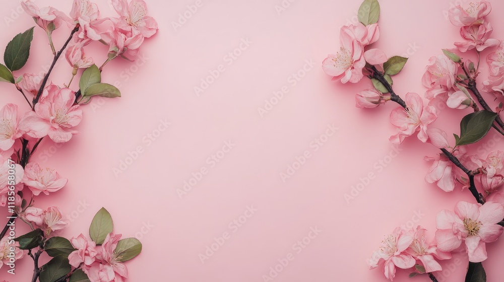 Fototapeta premium Elegant floral border on soft pink backdrop with delicate blossoms and leaves, perfect for a romantic or spring-themed design.