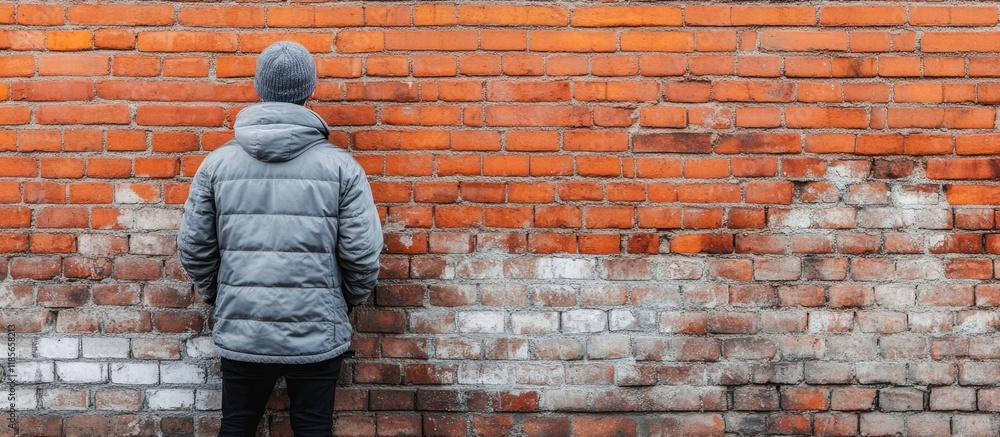 Man wearing a warm jacket standing against a textured red brick wall, featuring a large empty area for text placement, casual, urban, lifestyle, advertising space. Man wearing a warm jacket standing against a textured red brick wall, featuring a large empty area for text placement, casual, urban, lifestyle, advertising space.