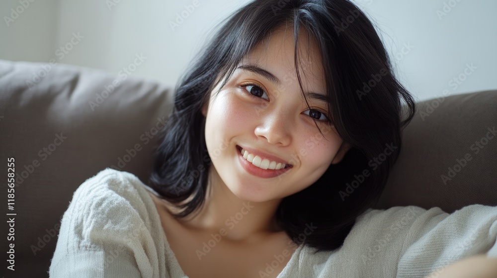 Relaxed young mixed-race woman smiling and reading on a tablet while lounging on a couch at home, bright indoor lighting, lifestyle, comfort, happiness, technology, portrait. Relaxed young mixed-race woman smiling and reading on a tablet while lounging on a couch at home, bright indoor lighting, lifestyle, comfort, happiness, technology, portrait.