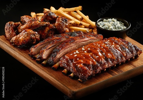 Juicy Barbecue Ribs and Crispy Chicken Wings Served with Golden French Fries and Creamy Blue Cheese Dressing on Dark Background photo