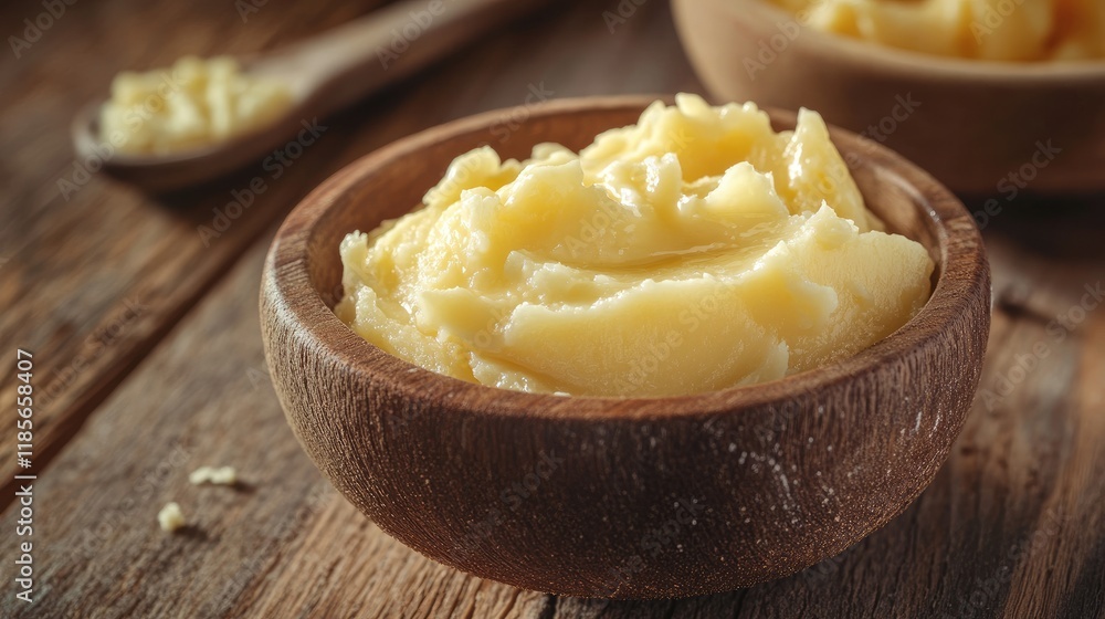 Creamy melted butter served in a rustic wooden bowl on a wooden table with a spoon in the background for a cozy kitchen vibe Creamy melted butter served in a rustic wooden bowl on a wooden table with a spoon in the background for a cozy kitchen vibe