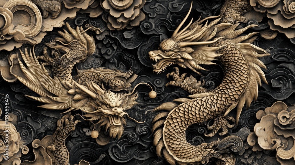 Mythical dragon duel eastern fantasy realm digital artwork dramatic atmosphere close-up view clash of legends Mythical dragon duel eastern fantasy realm digital artwork dramatic atmosphere close-up view clash of legends