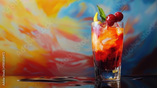 Colorful cocktail garnished with cherries and lemon reflecting vibrant hues in an elegant glass against an artistic abstract background photo