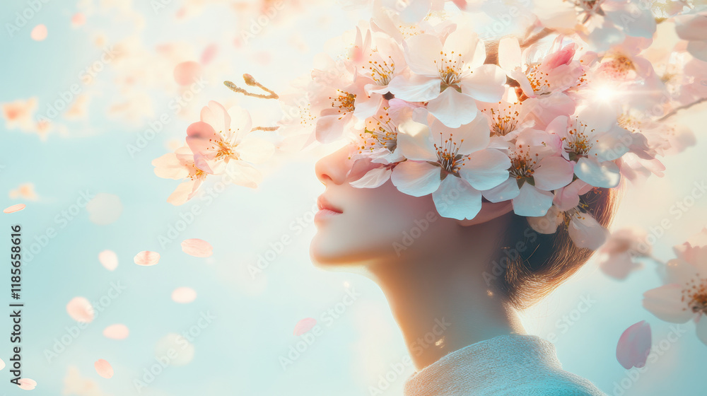 A surreal representation of a person with their head replaced by blooming cherry blossoms in full spring bloom, soft pink and white petals floating around them, a dreamy pastel gradient background wit A surreal representation of a person with their head replaced by blooming cherry blossoms in full spring bloom, soft pink and white petals floating around them, a dreamy pastel gradient background wit