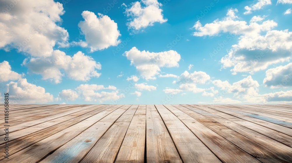 Wooden Tabletop in Outdoor Summer Setting with Blue Sky and White Clouds Perfect for Seasonal Promotions and Events Wooden Tabletop in Outdoor Summer Setting with Blue Sky and White Clouds Perfect for Seasonal Promotions and Events