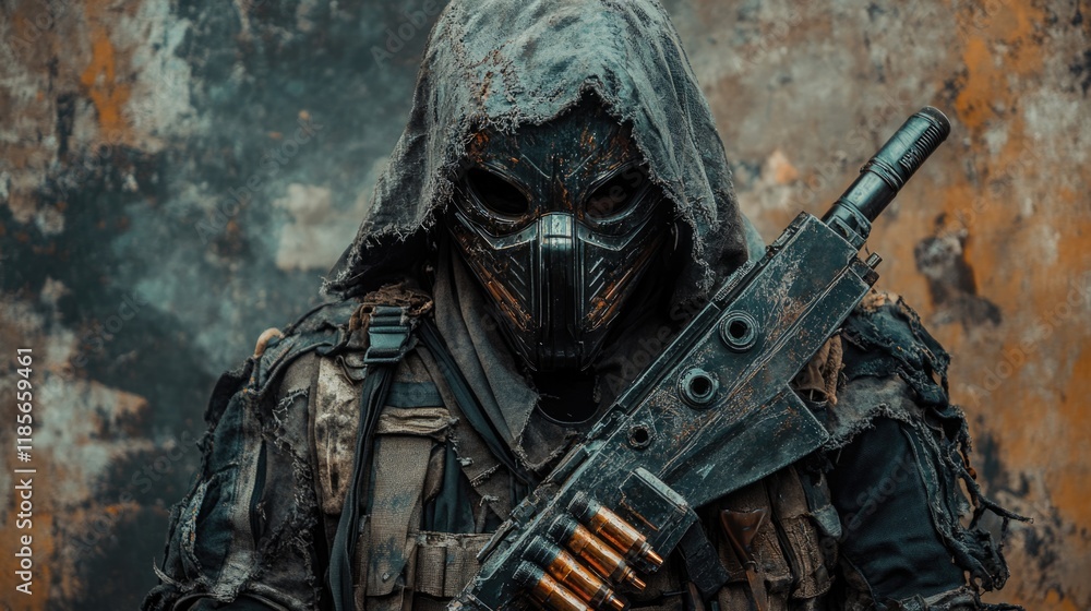 Fototapeta premium Post-Apocalyptic Cyberpunk Bandit Wearing Mask and Grunge Outfit Holding Weapon in Urban Setting with Dark Textured Background and Empty Copyspace