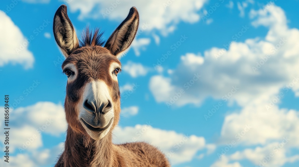 Obraz premium Charming donkey portrait against a vibrant blue sky with fluffy clouds showcasing a friendly and humorous expression.
