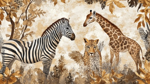 Wildlife harmony zebras giraffes and leopards in a serene jungle setting nature illustration artistic viewpoint photo