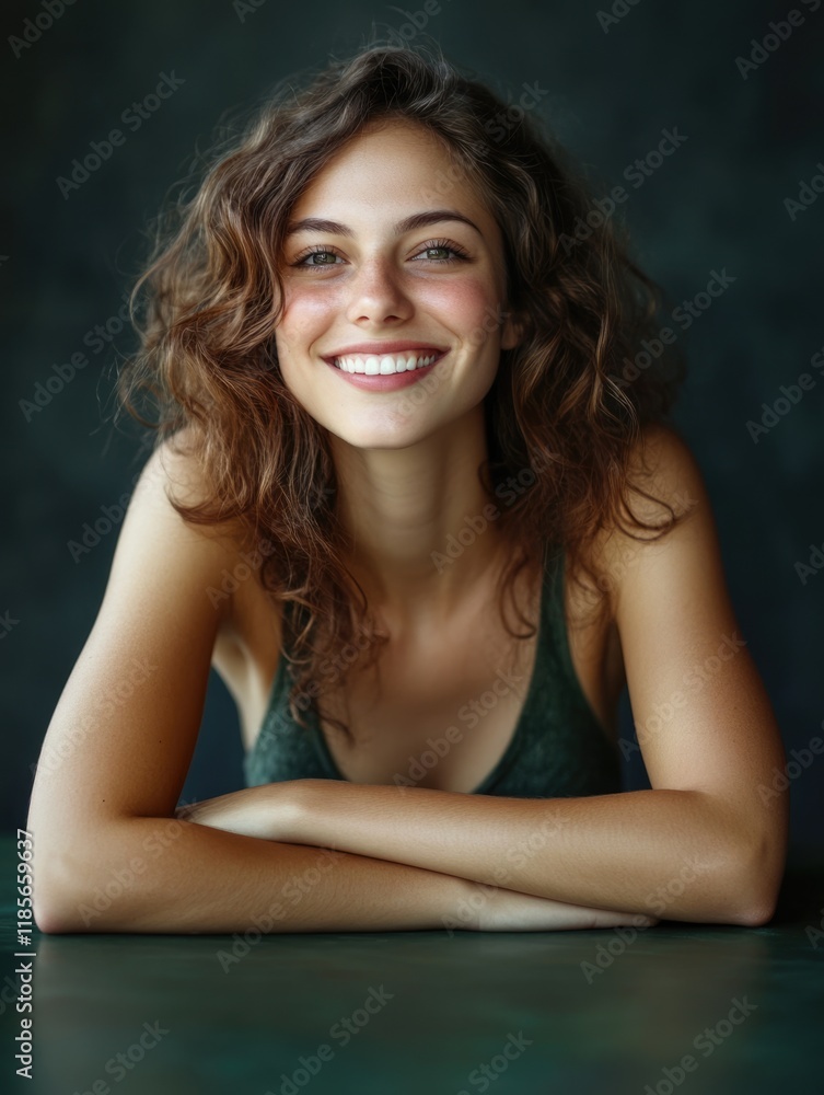 Smiling young woman with curly hair resting on a wooden table in a studio setting with dark green background and ample copyspace for text Smiling young woman with curly hair resting on a wooden table in a studio setting with dark green background and ample copyspace for text