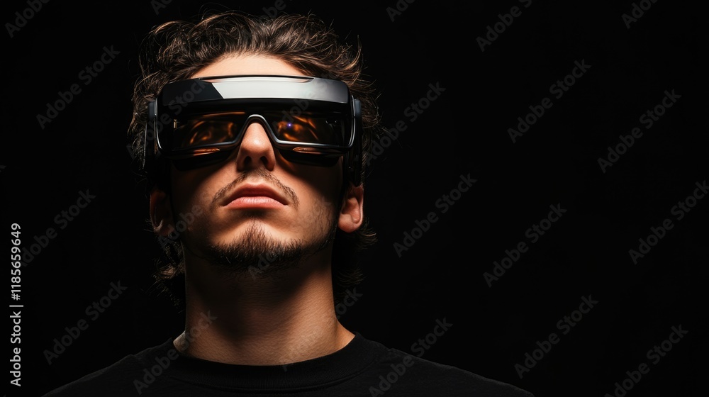 Obraz premium Young man wearing 3D virtual reality glasses in black setting with dramatic lighting and large empty space for text or graphics, showcasing futuristic technology.
