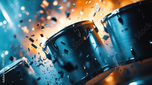 Dynamic impact of percussion drums with motion blur and vibrant explosive effects ideal for creative music-related designs and promotions. photo