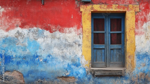 Weathered colorful wall with red blue and yellow paint featuring old wooden door and rustic texture in urban setting