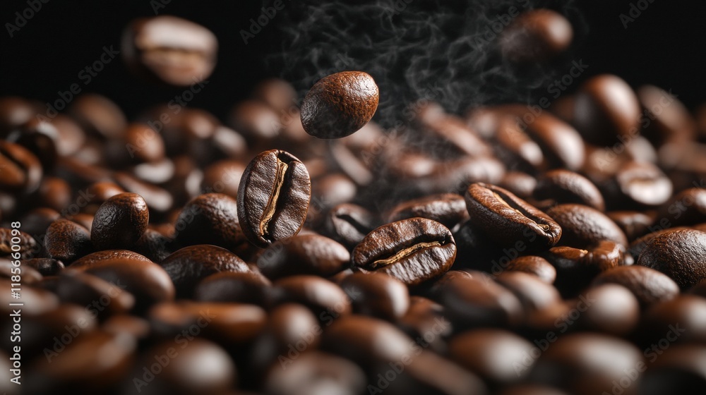 Fototapeta premium Coffee bean falling action coffee shop food photography dark environment close-up view freshness concept