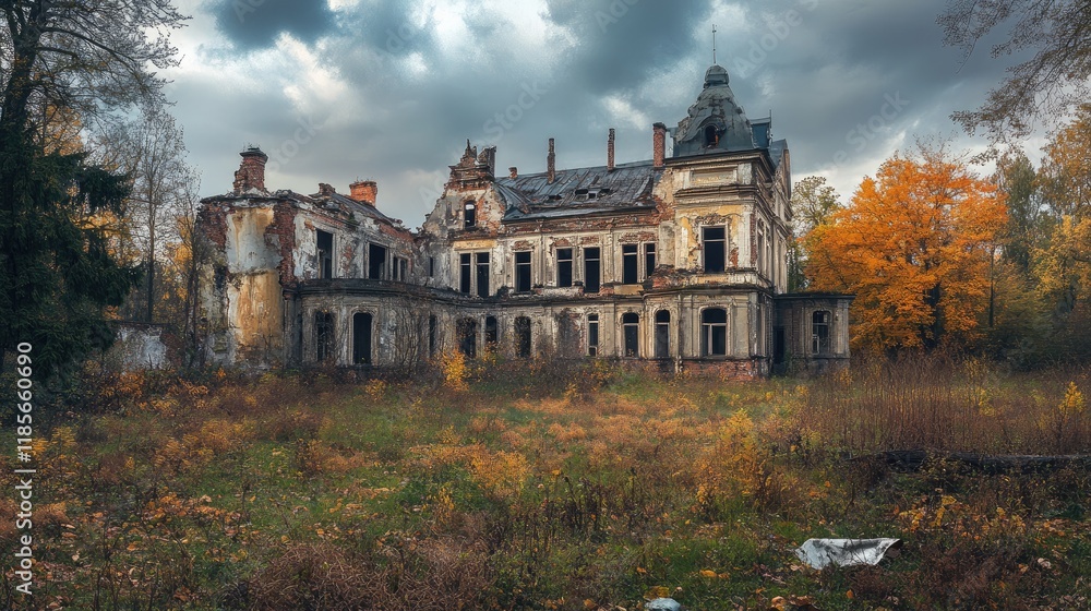 Obraz premium Abandoned palace ruins surrounded by overgrown grass and trees showcasing the beauty of decay and nature reclaiming its space