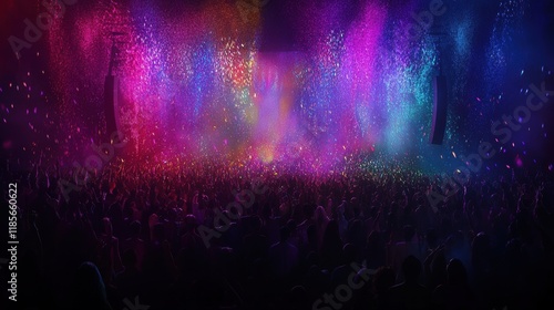 Vibrant celebration event with colorful confetti concert venue live performance nighttime audience perspective