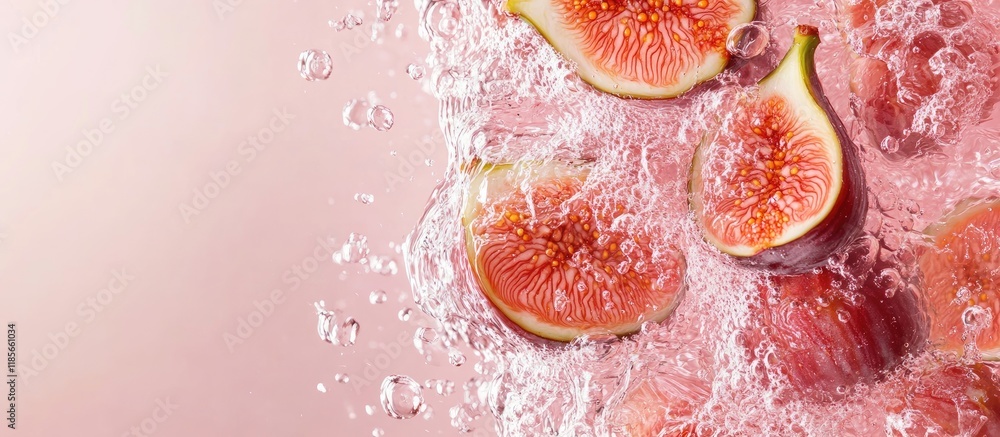 Fresh ripe figs splashing into water with pink background and space for branding or text showcasing nature's sweetness and juiciness Fresh ripe figs splashing into water with pink background and space for branding or text showcasing nature's sweetness and juiciness