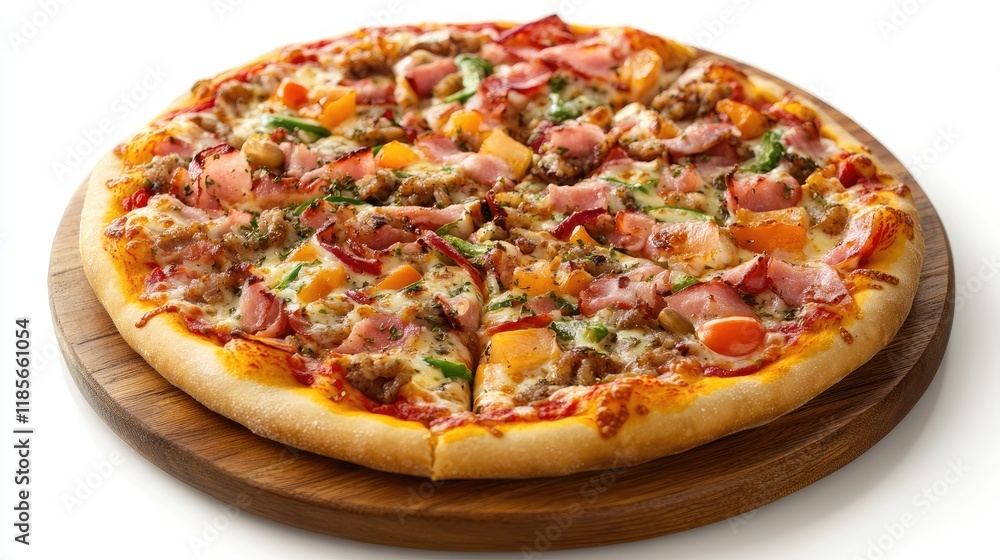 Assorted gourmet pizza featuring various toppings beautifully presented on a rustic wooden board Assorted gourmet pizza featuring various toppings beautifully presented on a rustic wooden board