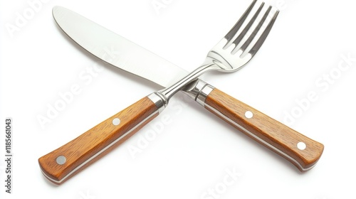 Crossed knife and fork with wooden handles on a clean white background emphasizing dining and culinary themes without shadows photo