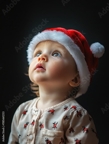 Adorable infant boy gazing upward in a Santa hat and festive reindeer blouse against a dark background ready for Christmas celebration photo