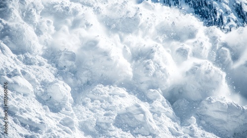 Dynamic avalanche cascading down a snowy mountain slope during winter with clear white snow background and ample copyspace for text photo