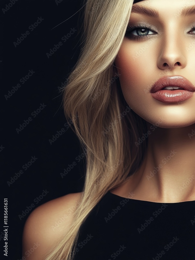 Elegant Portrait of Beautiful Blonde Woman with Glossy Lips and Flowing Hair Against Dark Background for Creative Copyspace Use Elegant Portrait of Beautiful Blonde Woman with Glossy Lips and Flowing Hair Against Dark Background for Creative Copyspace Use