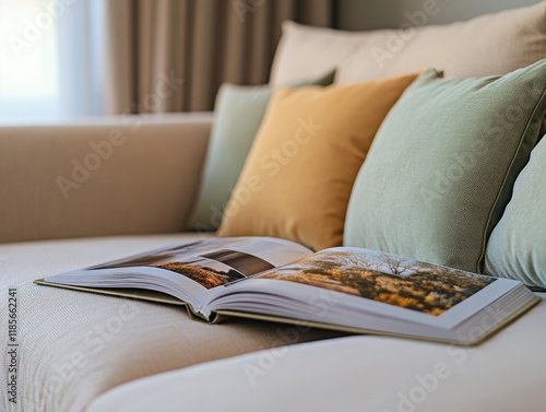 Wedding album open on a sofa featuring pastel cushions in yellow and green showcasing a large empty copyspace for personalized text and memories. photo