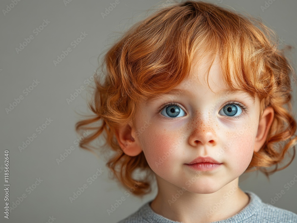 Young boy with curly red hair and blue eyes gazing intently, soft gray background providing ample empty space for text, portrait orientation, captured with natural light. Young boy with curly red hair and blue eyes gazing intently, soft gray background providing ample empty space for text, portrait orientation, captured with natural light.