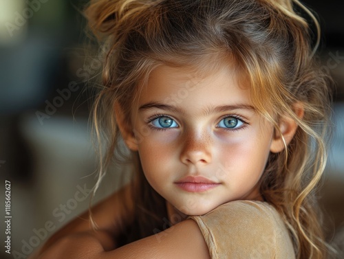 Charming young girl with striking blue eyes gazing gently at camera, warm soft lighting in cozy living room, capturing feelings of affection and family intimacy. photo