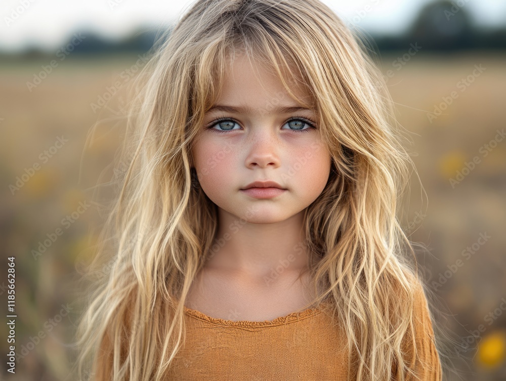 Blonde girl with sad expression in golden field, soft natural light, focus on face, empty space for text, emotive portrait photography. Blonde girl with sad expression in golden field, soft natural light, focus on face, empty space for text, emotive portrait photography.