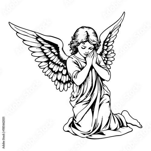 woman angel kneeling sketch engraving black and white outline. Scratch board imitation.  illustrated in vintage line art style on a white background.
 photo