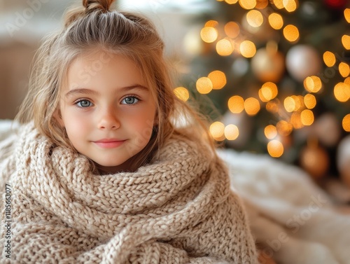 Wallpaper Mural Cozy scene of a little girl wrapped in a soft knitted blanket, peaceful expression, warm morning light, with a beautifully decorated Christmas tree and bokeh lights in the background, ample empty spac Torontodigital.ca