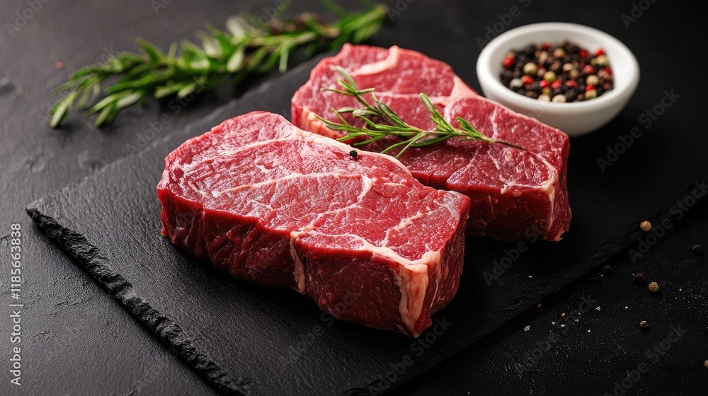 Premium quality raw beef steaks garnished with herbs and spices on a dark slate background ready for gourmet cooking. Premium quality raw beef steaks garnished with herbs and spices on a dark slate background ready for gourmet cooking.