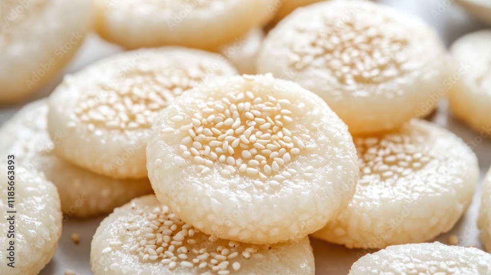 Close up of delicious rice cakes topped with sesame seeds showcasing their texture and flavor in a bright setting. Close up of delicious rice cakes topped with sesame seeds showcasing their texture and flavor in a bright setting.