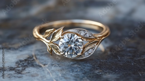 Vintage gold diamond ring with intricate leaf design showcasing a brilliant gemstone and subtle diamonds on a marble background. photo