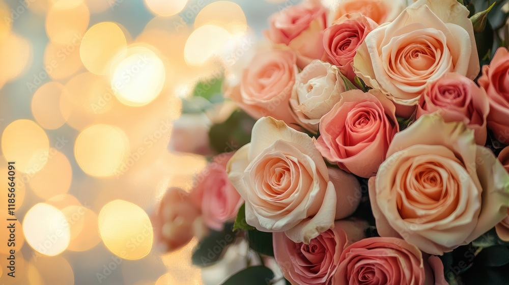 Elegant floral bouquet featuring soft pink and white roses with a beautiful bokeh background creating a dreamy atmosphere. Elegant floral bouquet featuring soft pink and white roses with a beautiful bokeh background creating a dreamy atmosphere.