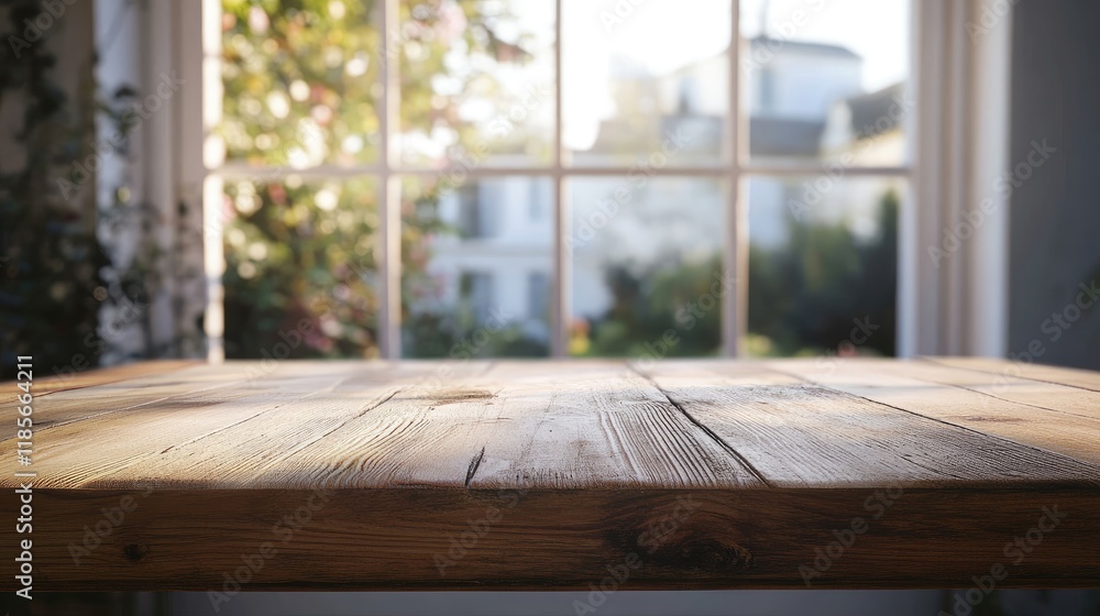 Sunlit Wooden Tabletop with Scenic Glass Window View in a Cozy Indoor Setting Sunlit Wooden Tabletop with Scenic Glass Window View in a Cozy Indoor Setting