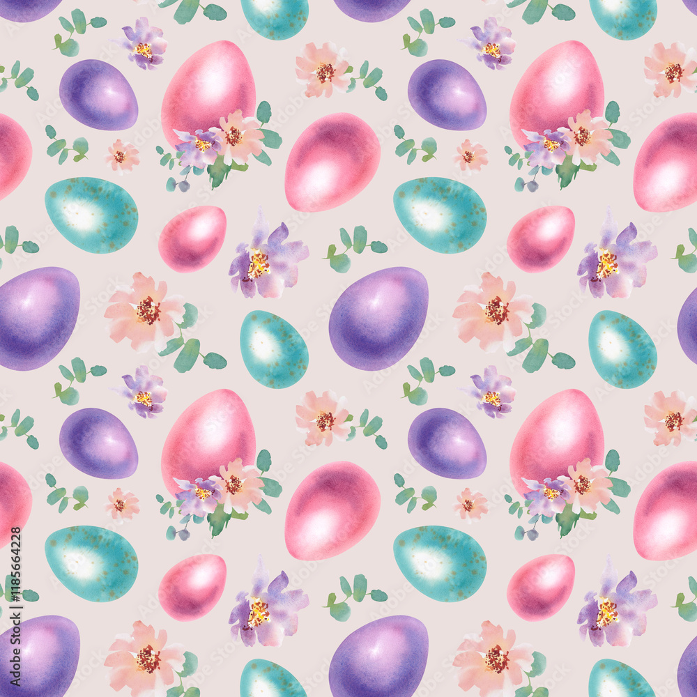 Easter egg with flowers and leaves. Seamless pattern of pastel-colored eggs. Isolated hand-painted watercolor illustration. Template for holiday cards, covers, posters Easter egg with flowers and leaves. Seamless pattern of pastel-colored eggs. Isolated hand-painted watercolor illustration. Template for holiday cards, covers, posters