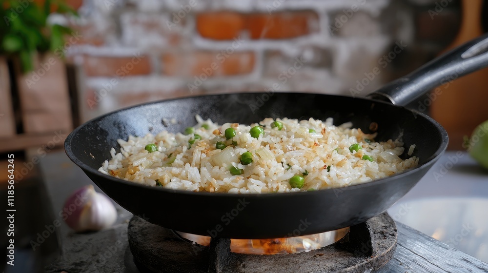 A rustic kitchen scene featuring a hot skillet with freshly made fried rice, showcasing the ingredients like garlic and onions for a home-cooked feel. A rustic kitchen scene featuring a hot skillet with freshly made fried rice, showcasing the ingredients like garlic and onions for a home-cooked feel.