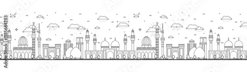 Seamless pattern with outline Baghdad Iraq City Skyline with Historic Buildings Isolated on White. Baghdad Cityscape with Landmarks.
