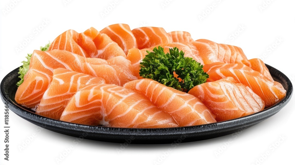 Savor Fresh Salmon Sashimi and Sushi on Elegant Black Plate Surrounded by Green Garnish Isolated Against White Background Savor Fresh Salmon Sashimi and Sushi on Elegant Black Plate Surrounded by Green Garnish Isolated Against White Background
