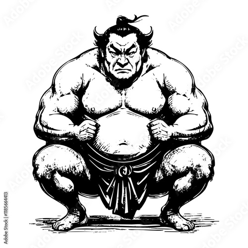 sumo athlete engraving sketch engraving black and white outline. Scratch board imitation.  illustrated in vintage line art style on a white background.

