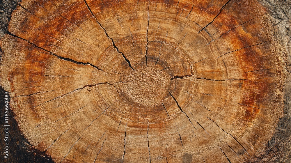 Naklejka premium Cross section of aged brown tree stump displaying intricate cracks age rings and natural wood grain textures