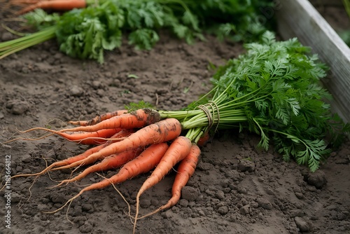 Wallpaper Mural A bunch of freshly harvested carrots with their green tops, lying on dark soil. The carrots are orange and appear to be organically grown. Closeup view. Torontodigital.ca