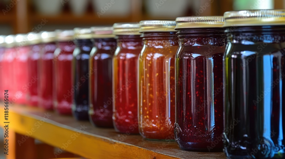 Organic raspberry jam in glass jars arranged on wooden shelf showcasing vibrant colors and homemade preservation techniques. Organic raspberry jam in glass jars arranged on wooden shelf showcasing vibrant colors and homemade preservation techniques.